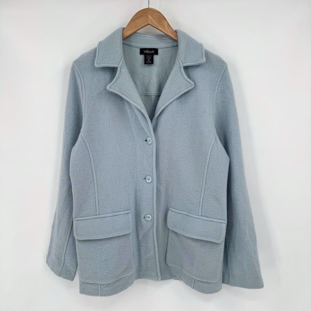 Willi Smith Vtg Powder Blue Button Front Collared Long Sleeve Wool Cardigan M